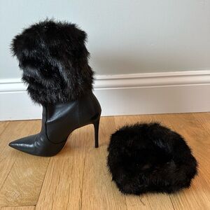 Black Fur-Trimmed Stiletto Heeled Boots